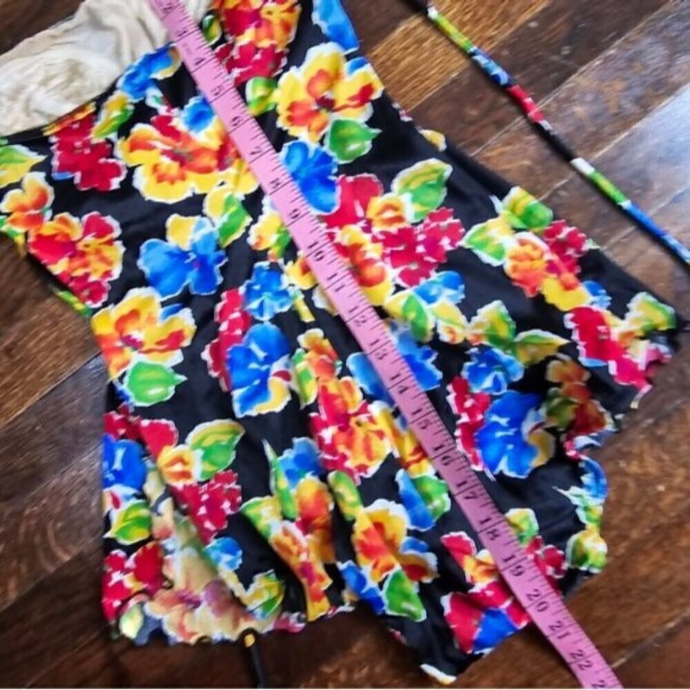 Vintage 70s ILGWU Black Tropical Floral One Piece Skirt Swimsuit - Picture 5 of 11